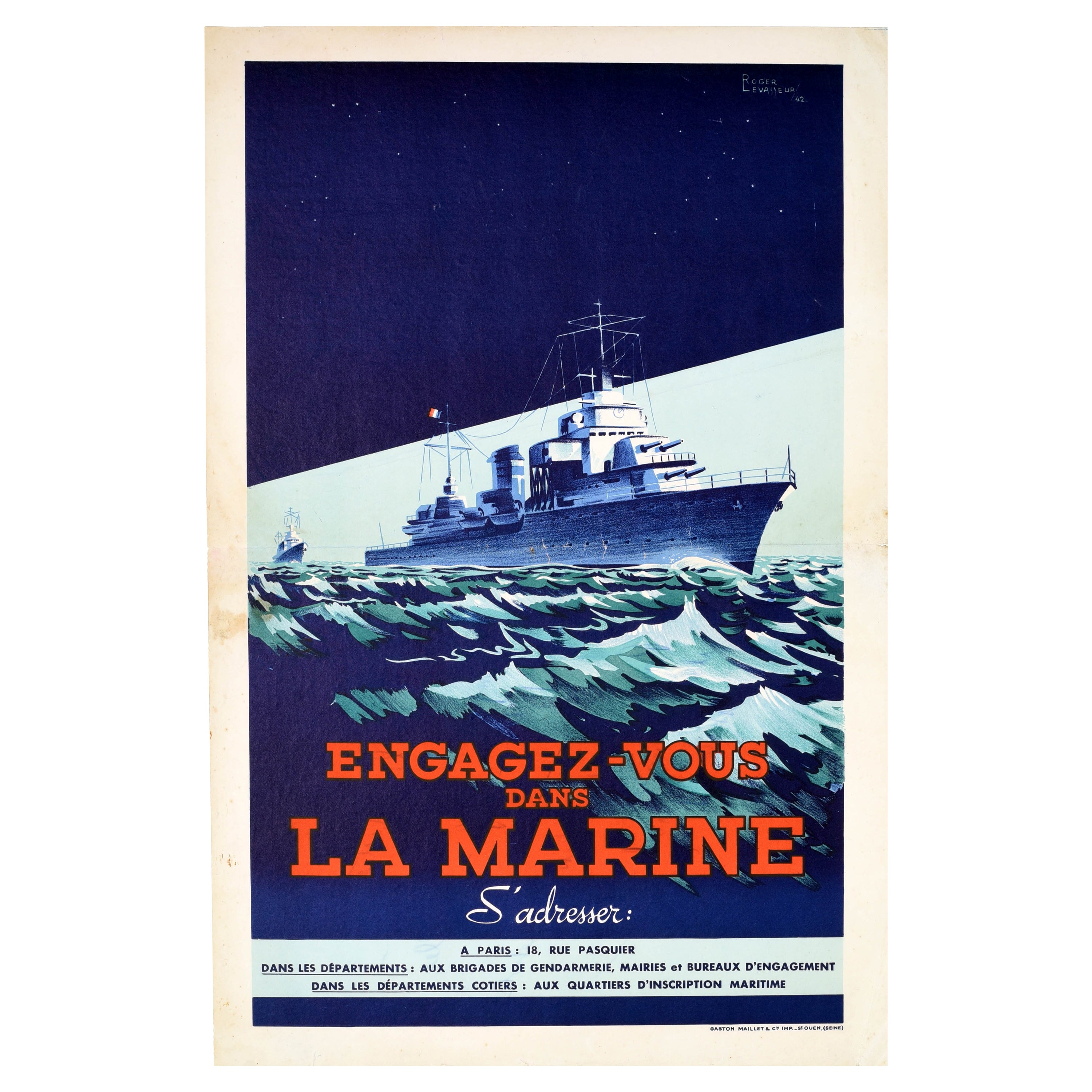 Original Vintage Poster Engagez Vous Dans La Marine French Navy Recruitment WWII For Sale