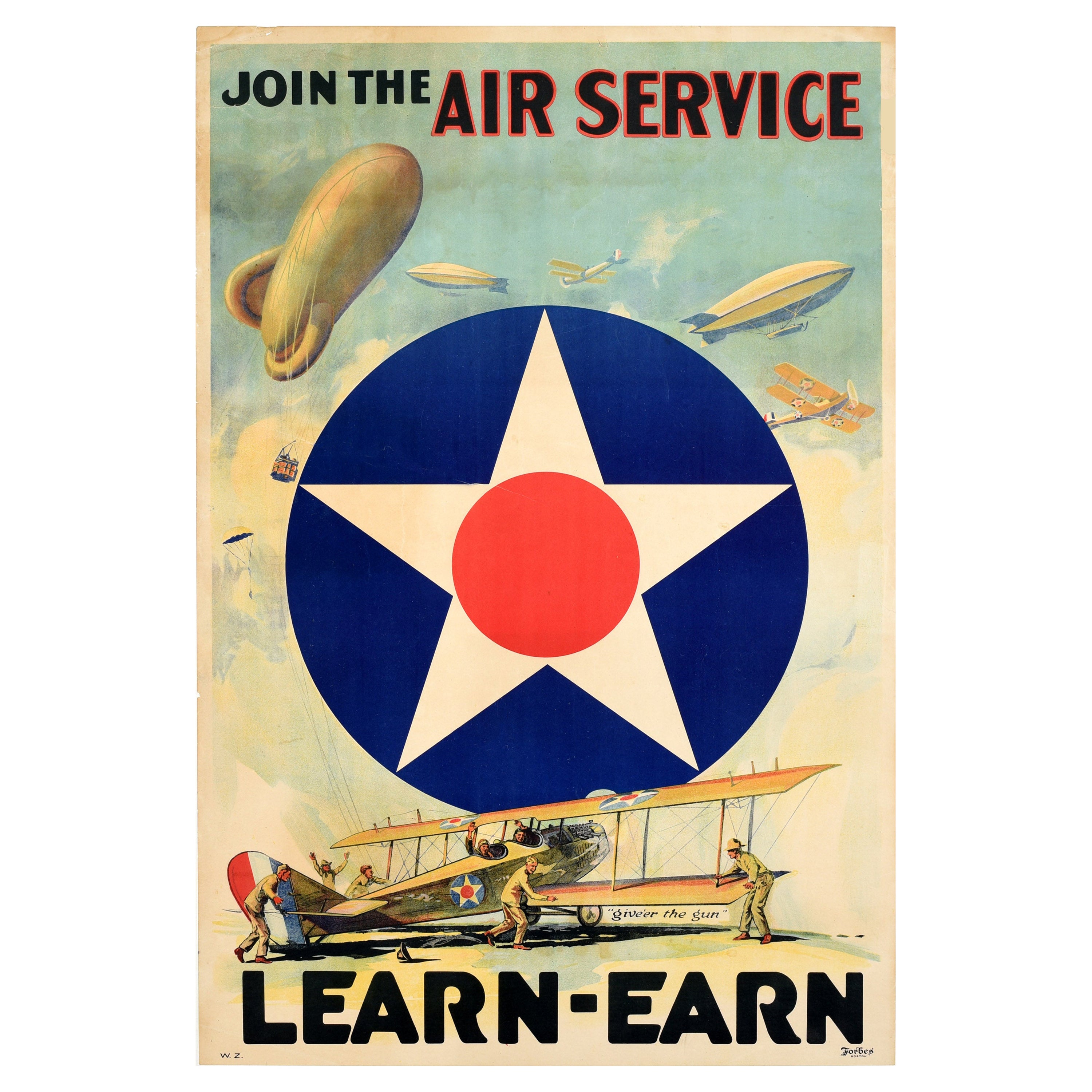 Affiche ancienne originale Rejoignez le service aérien Learn Earn de la première guerre mondiale - US Army Air Corps