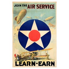 Affiche ancienne originale Rejoignez le service aérien Learn Earn de la première guerre mondiale - US Army Air Corps