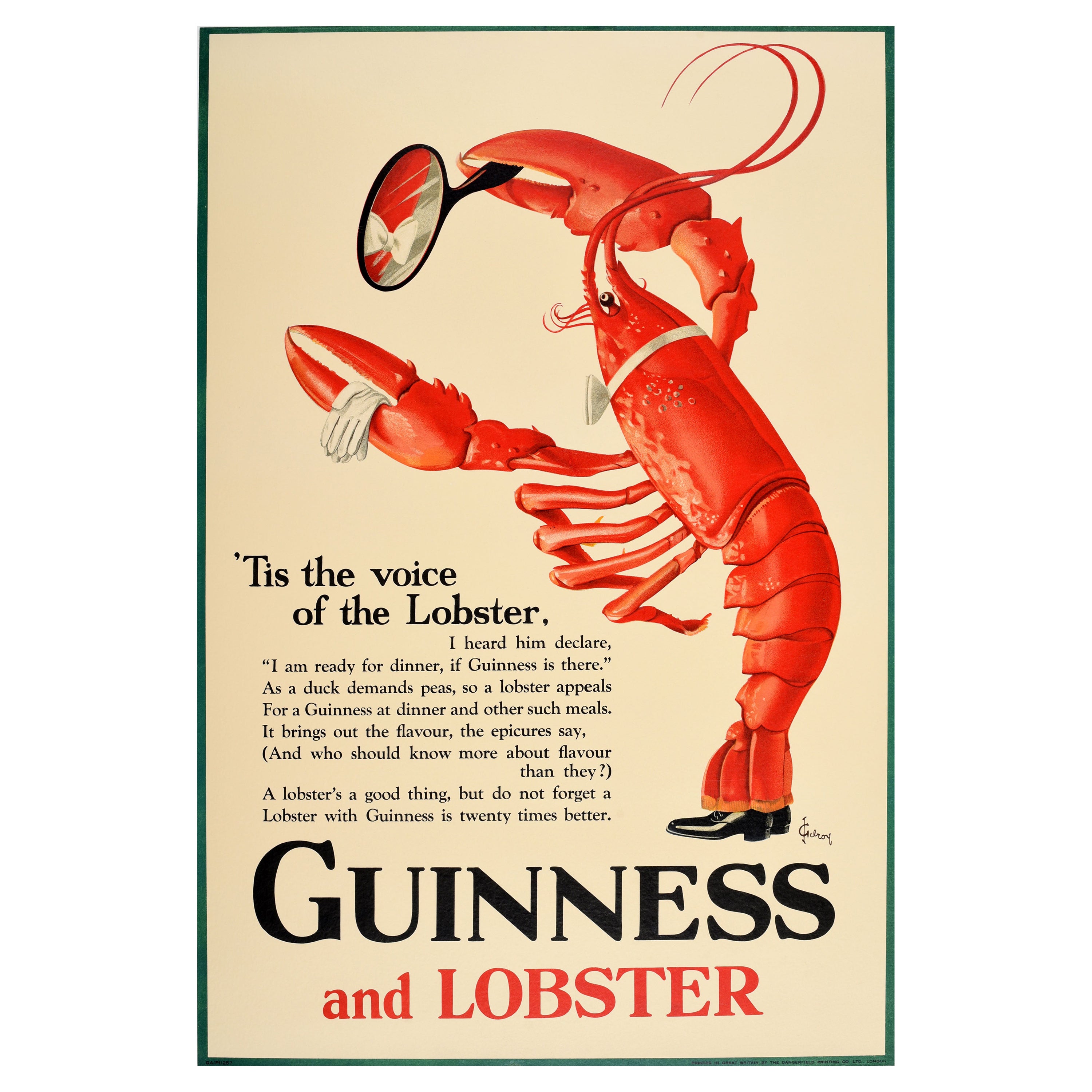 Original Vintage Guinness And Lobster Poster Alice In Wonderland Theme Poem Art