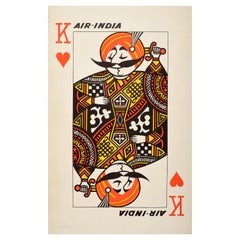 Original Vintage Poster Air India Maharajah King Of Hearts Playing Card Design