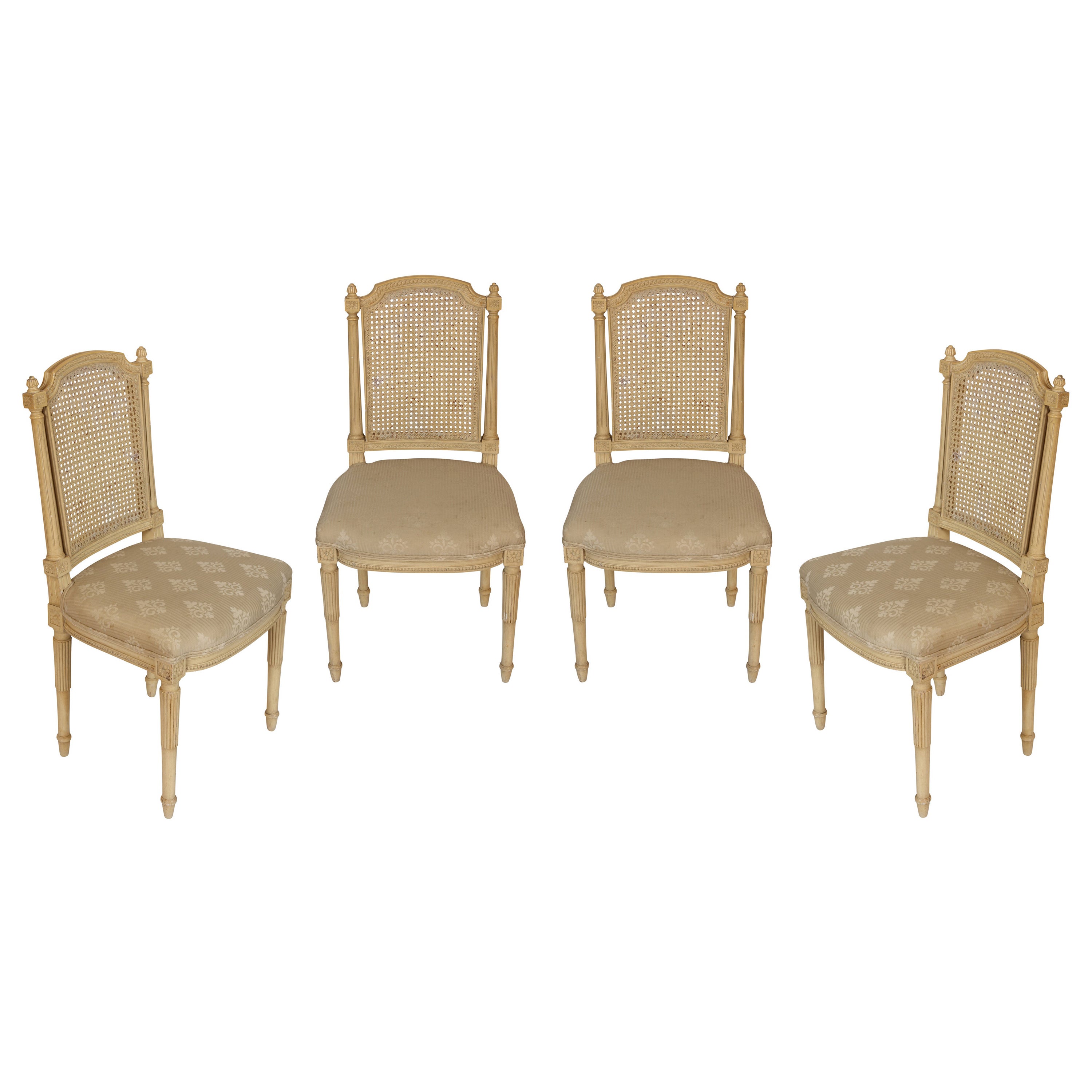Set of Four Caned Back Dining Chairs with Upholstered Seats