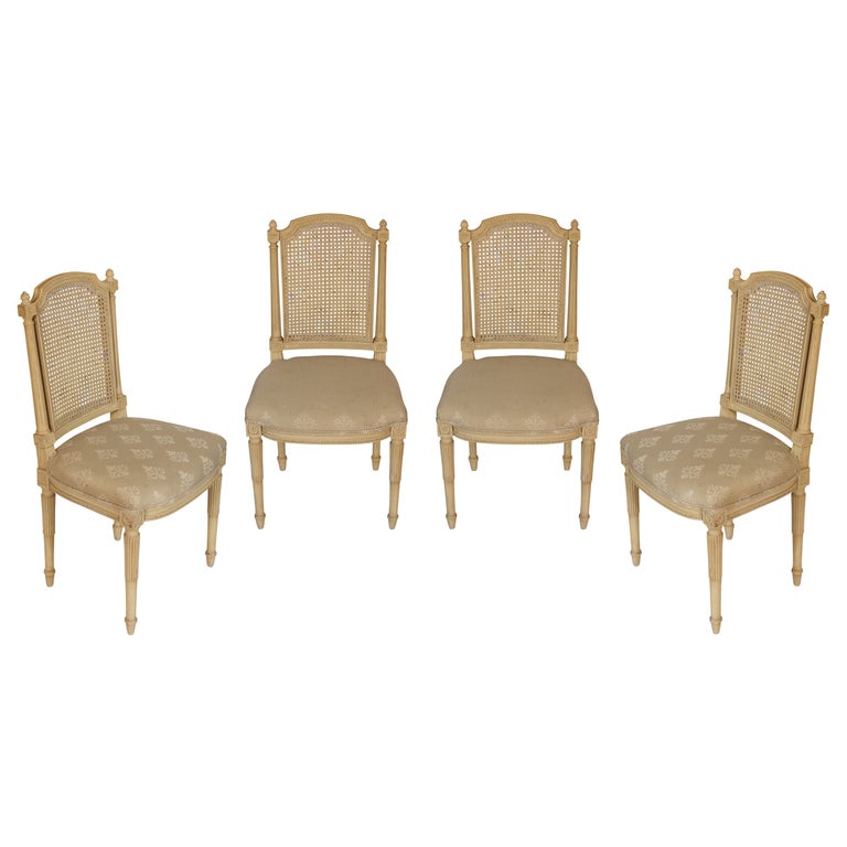 Set of Four Caned Back Dining Chairs with Upholstered Seats For Sale