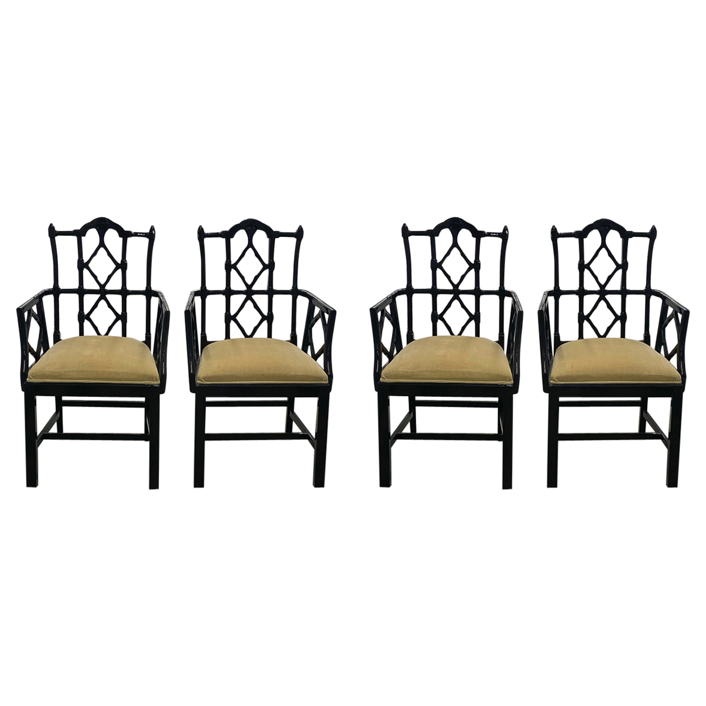 Chinese Chippendale Fretwork Dining Arm Chairs, Set of 4