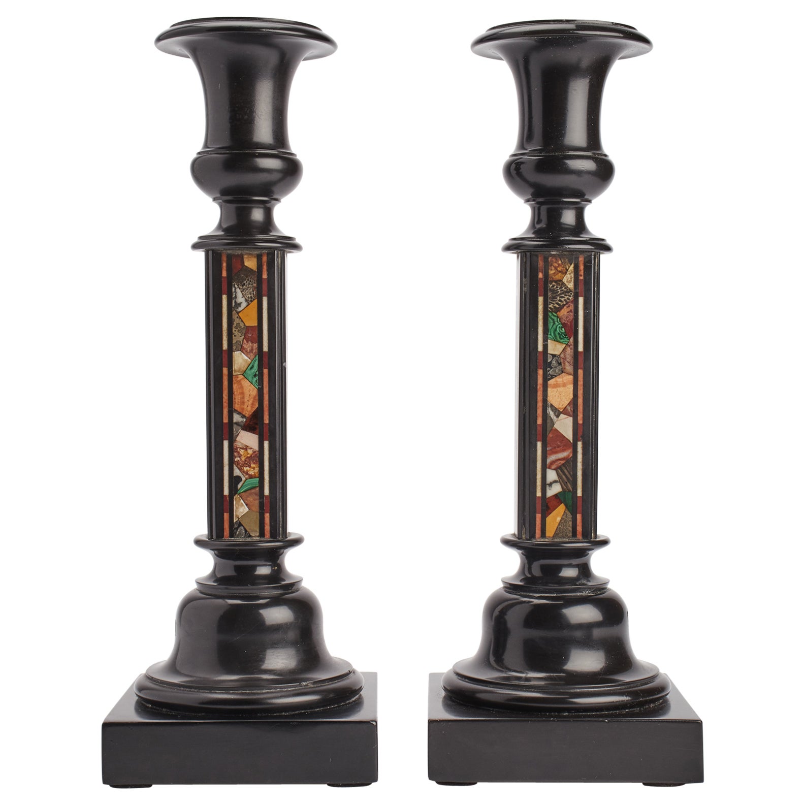 Pair of Marble and Pietradura Grand Tour Candlesticks, England, 1850 For Sale