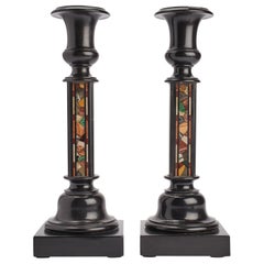 Antique Pair of Marble and Pietradura Grand Tour Candlesticks, England, 1850