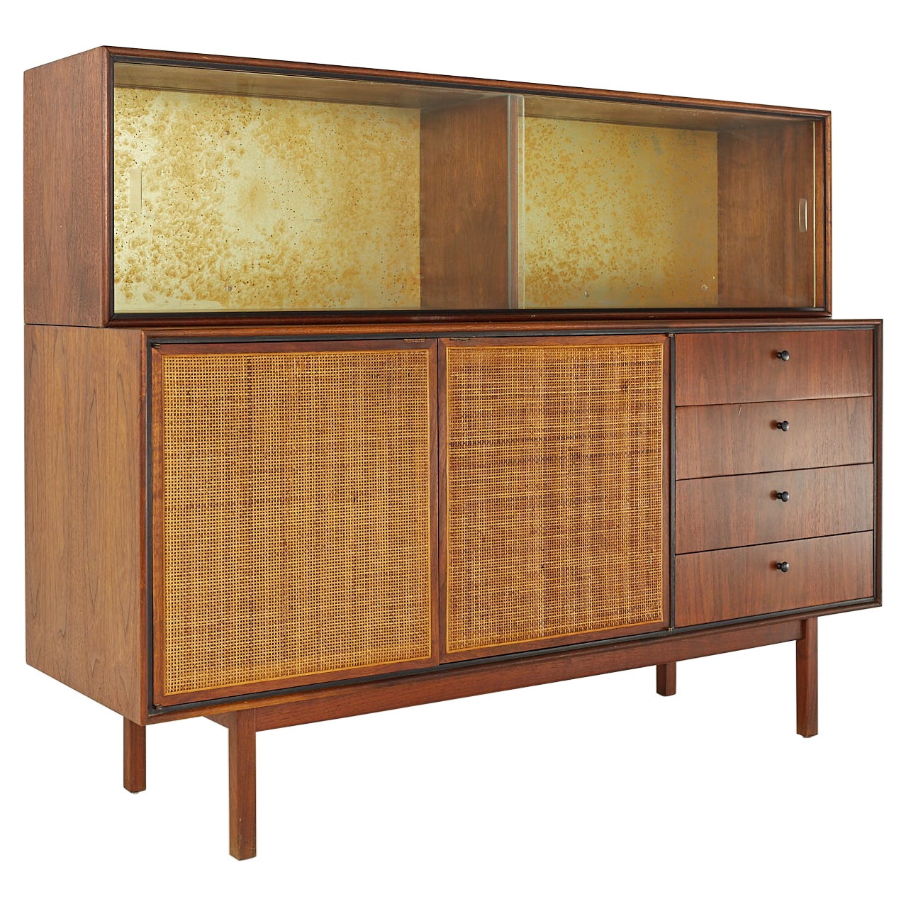 Jack Cartwright Style Founders Mid Century Cane Front Credenza with Hutch