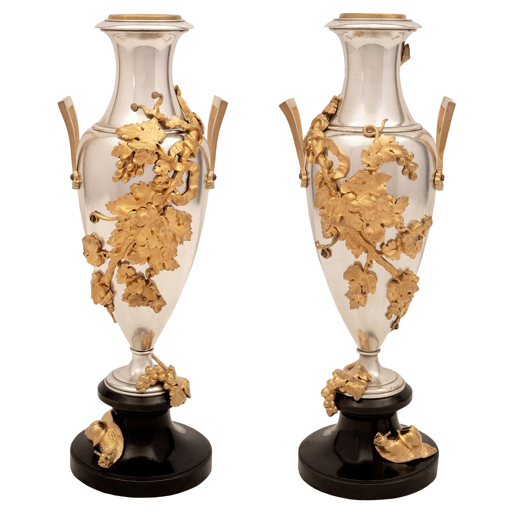 Pair of French 19th Century Louis XVI Style Marble, Bronze and Ormolu Vases For Sale