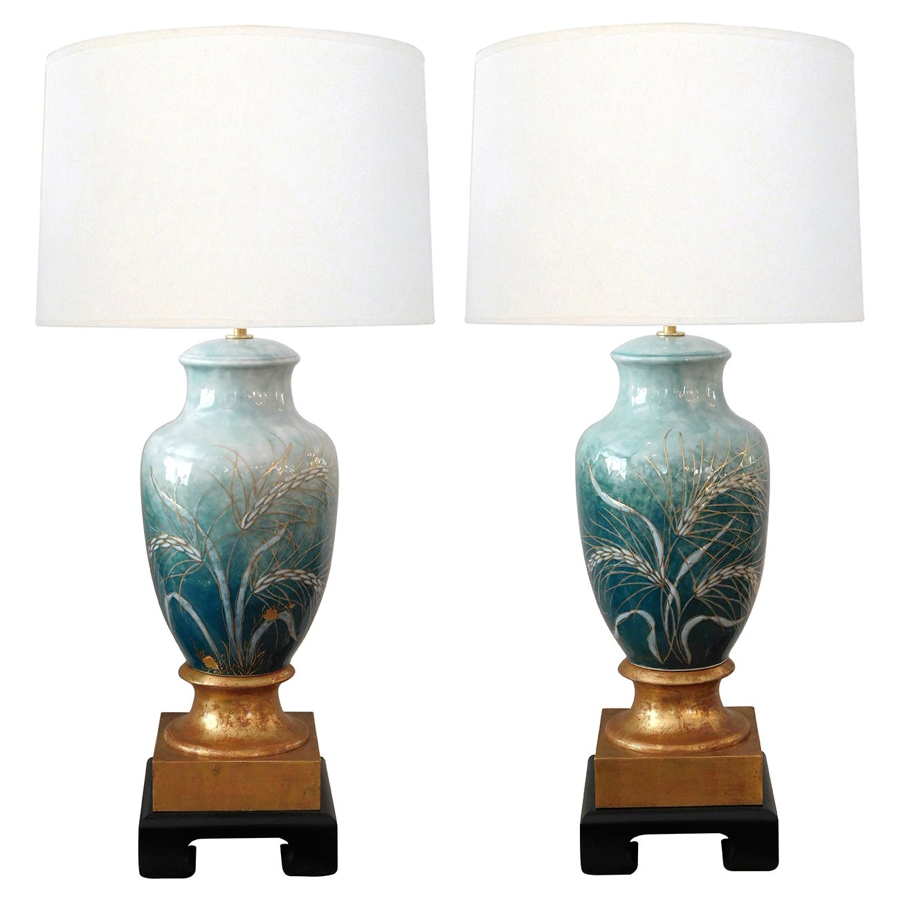 Pair Signed Camille Tharaud '1878-1956' Enameled Porcelain Lamps, Limoges