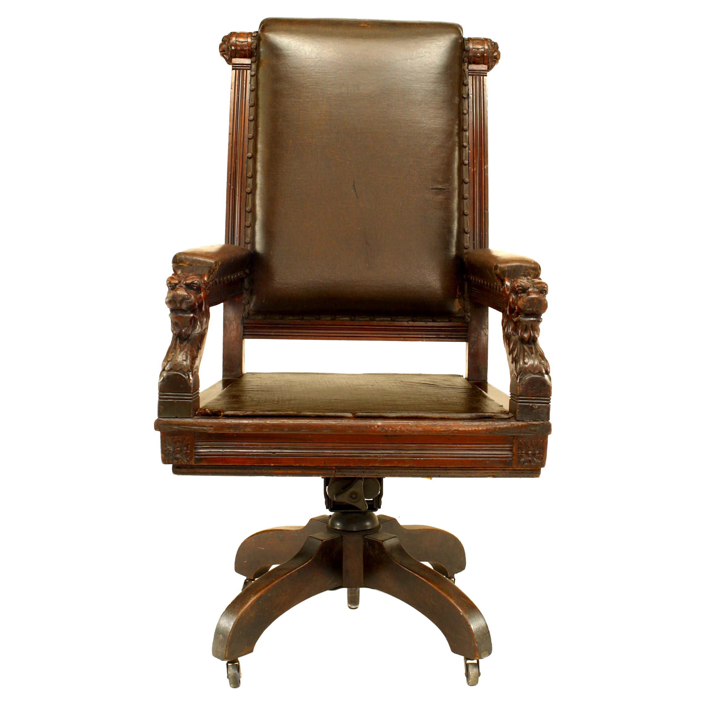 English Victorian Brown Leather Swivel Chair For Sale