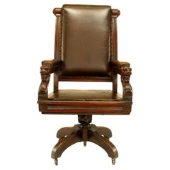 Antique English Victorian Brown Leather Swivel Chair