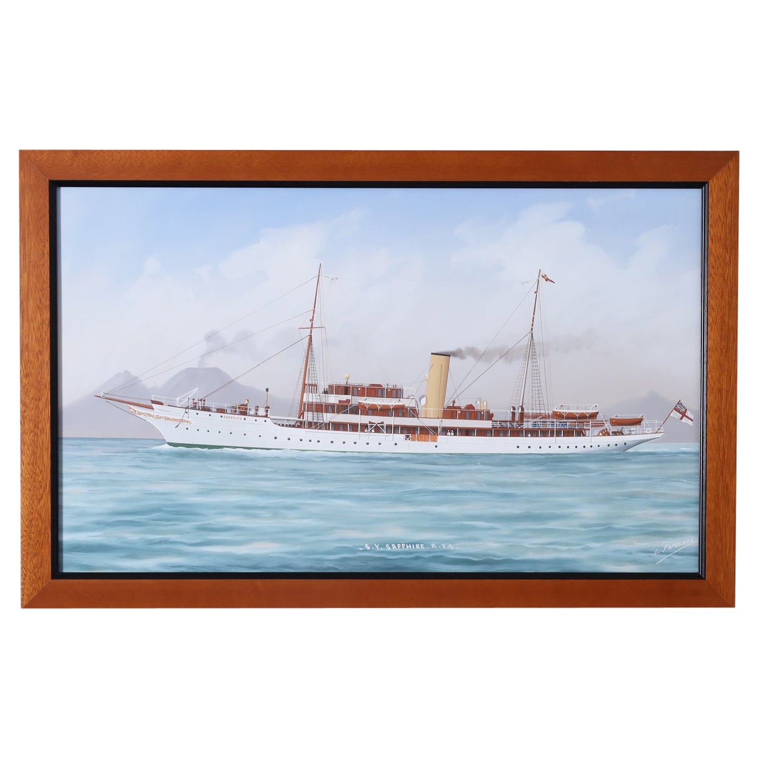 Antique Framed Painting of a Yacht by Luca Papaluca