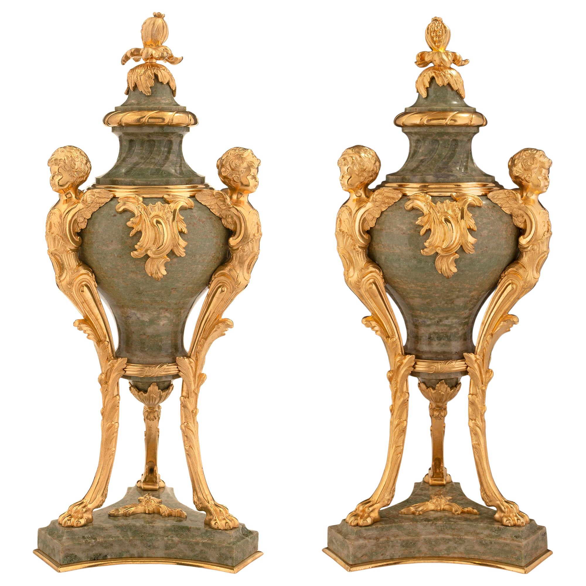 Pair of French 19th Century Louis XVI Style Green Marble and Ormolu Lidded Urns For Sale