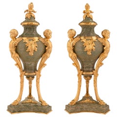 Pair of French 19th Century Louis XVI Style Green Marble and Ormolu Lidded Urns