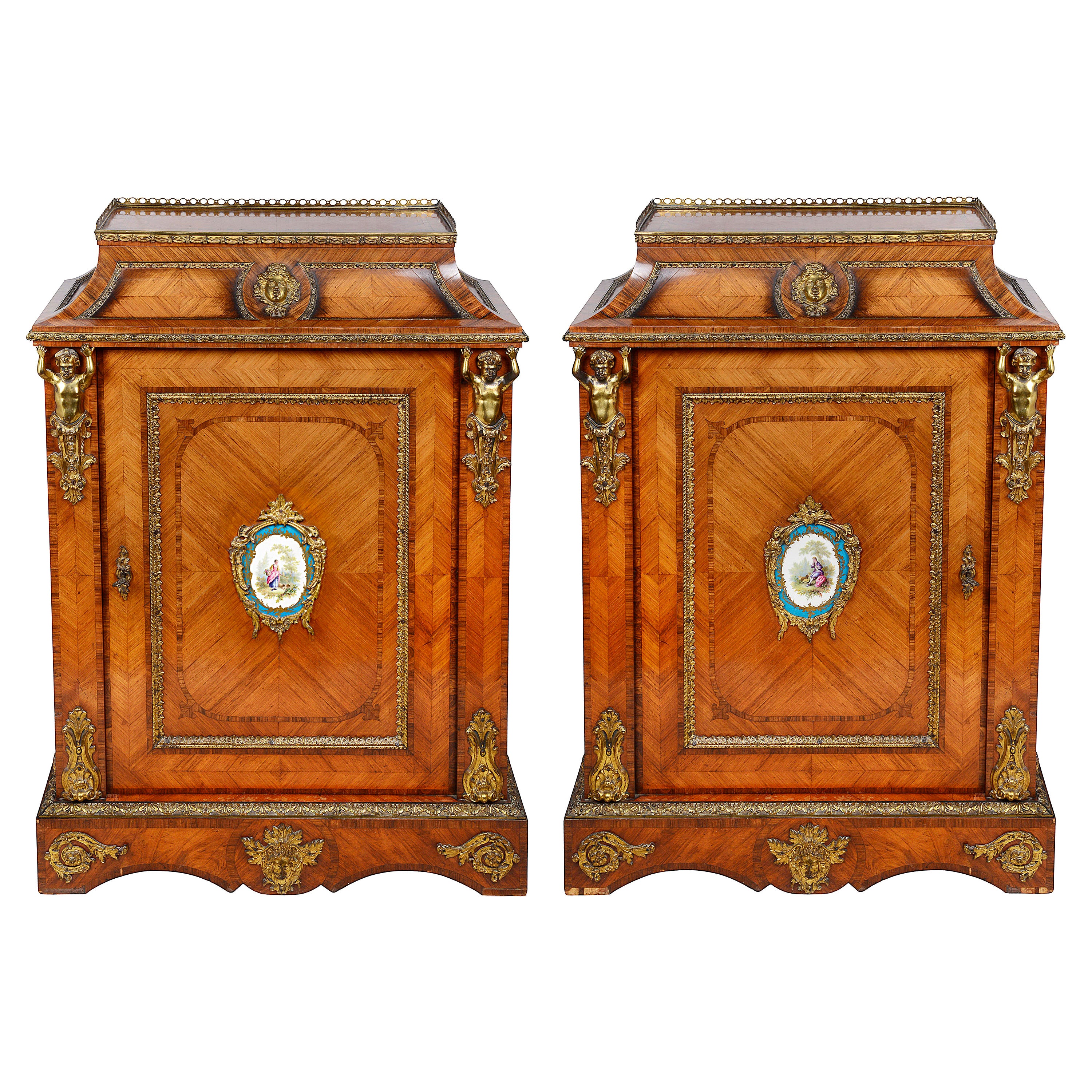 Pair French 19th Century Pier Cabinets, Porcelain Plaques For Sale