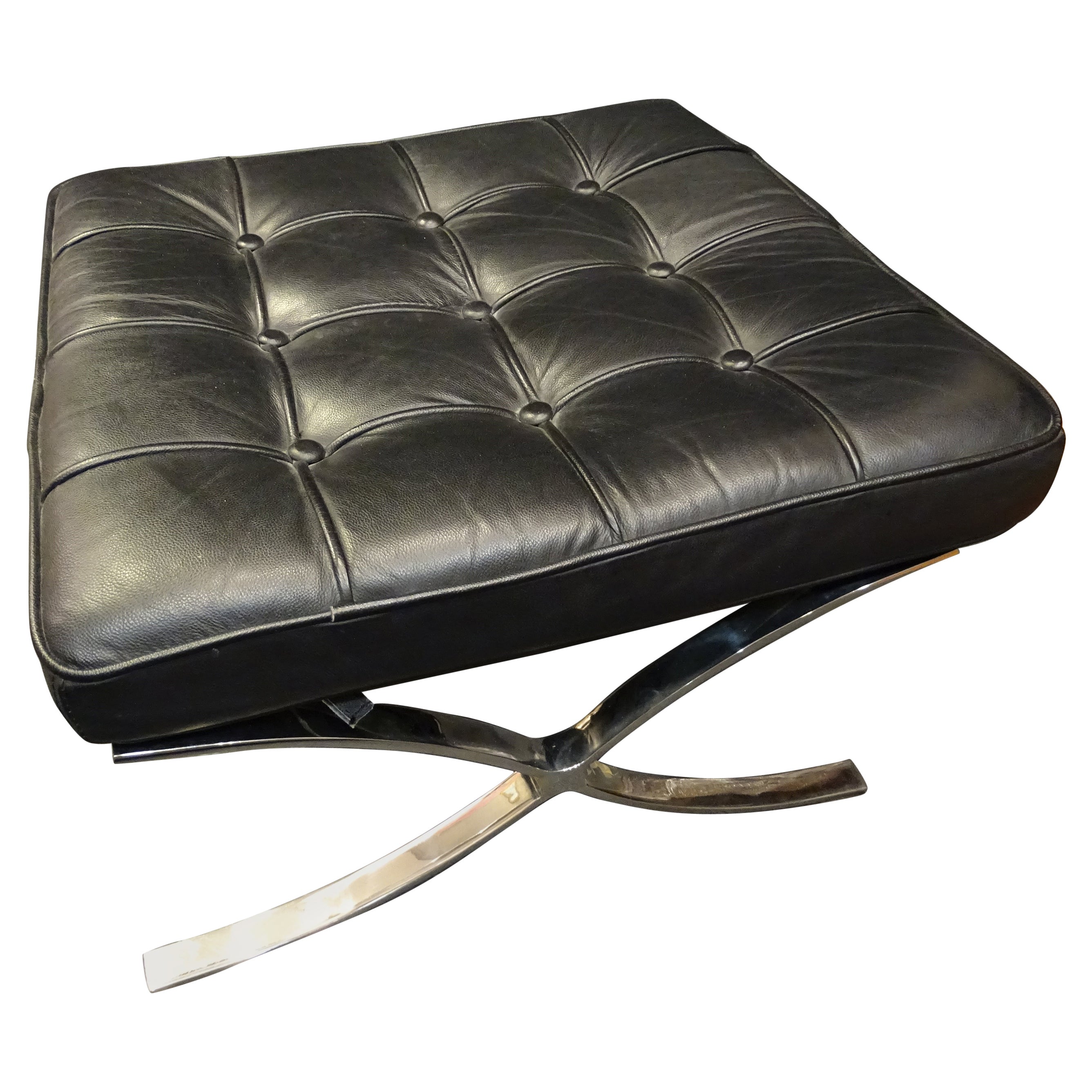 80s Mies Van der Rohe Black Stool, Footstool, Steel, Leather