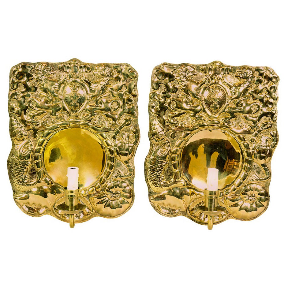 Pair of Dutch Pressed Brass Wall Lights For Sale