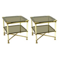 1970s Vintage Italian Pair of Smoked Glass and Ivory 2-Tier Brass Side Tables