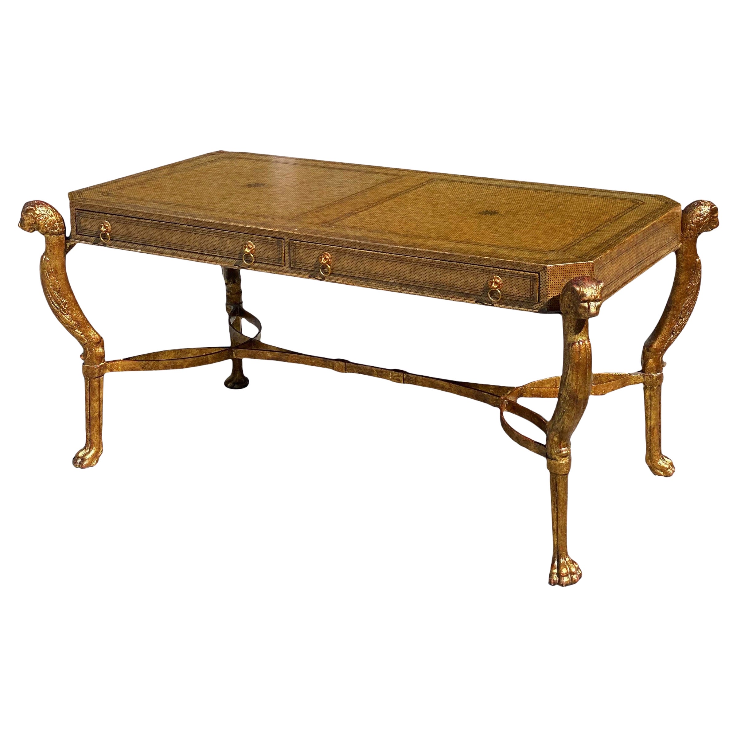 Neoclassical Desk by Maitland Smith in Leather and Gilt Wrought Iron, Lion Head