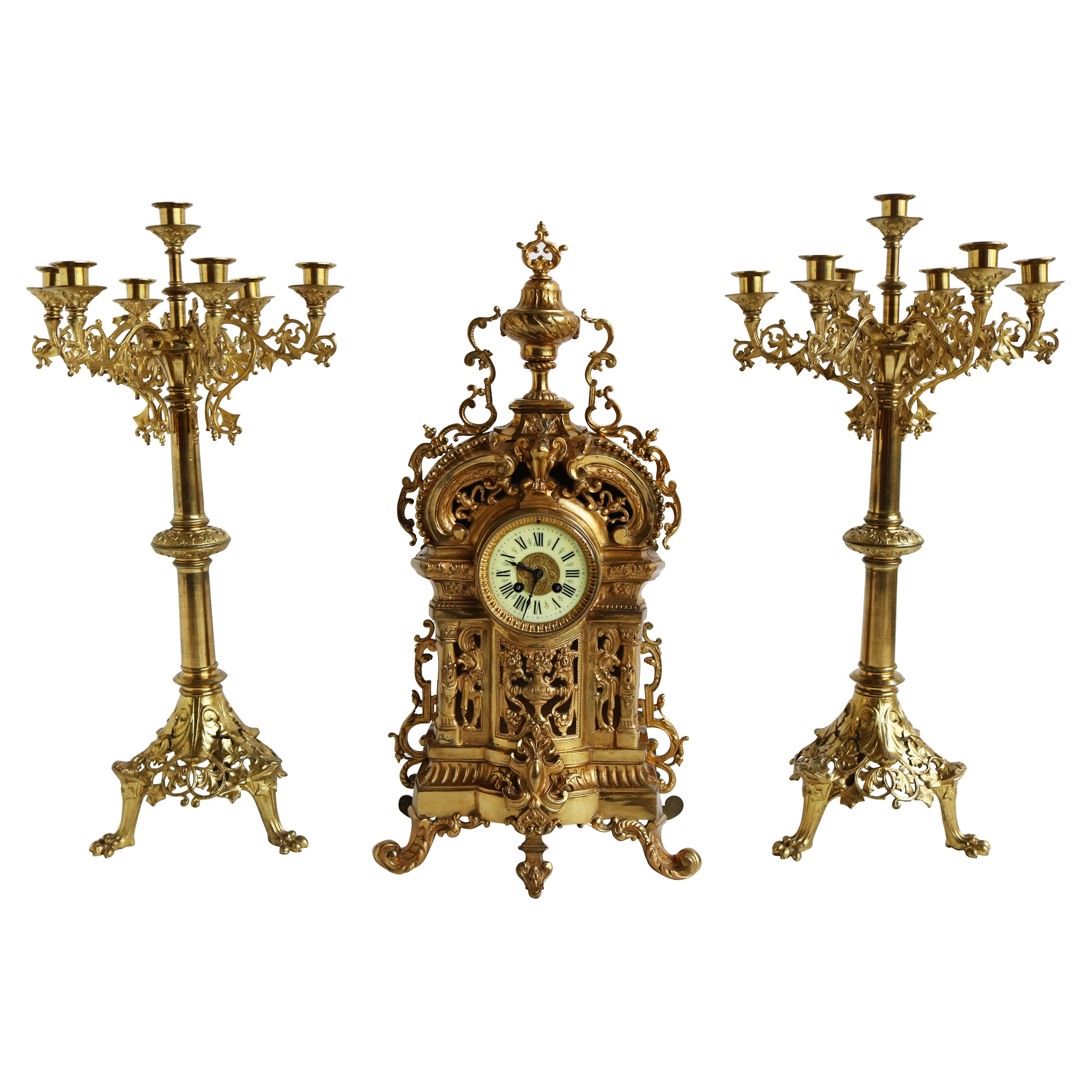 Très grand ensemble d'horloge classique française ancienne en bronze doré avec feuilles d'acanthe du 19ème siècle