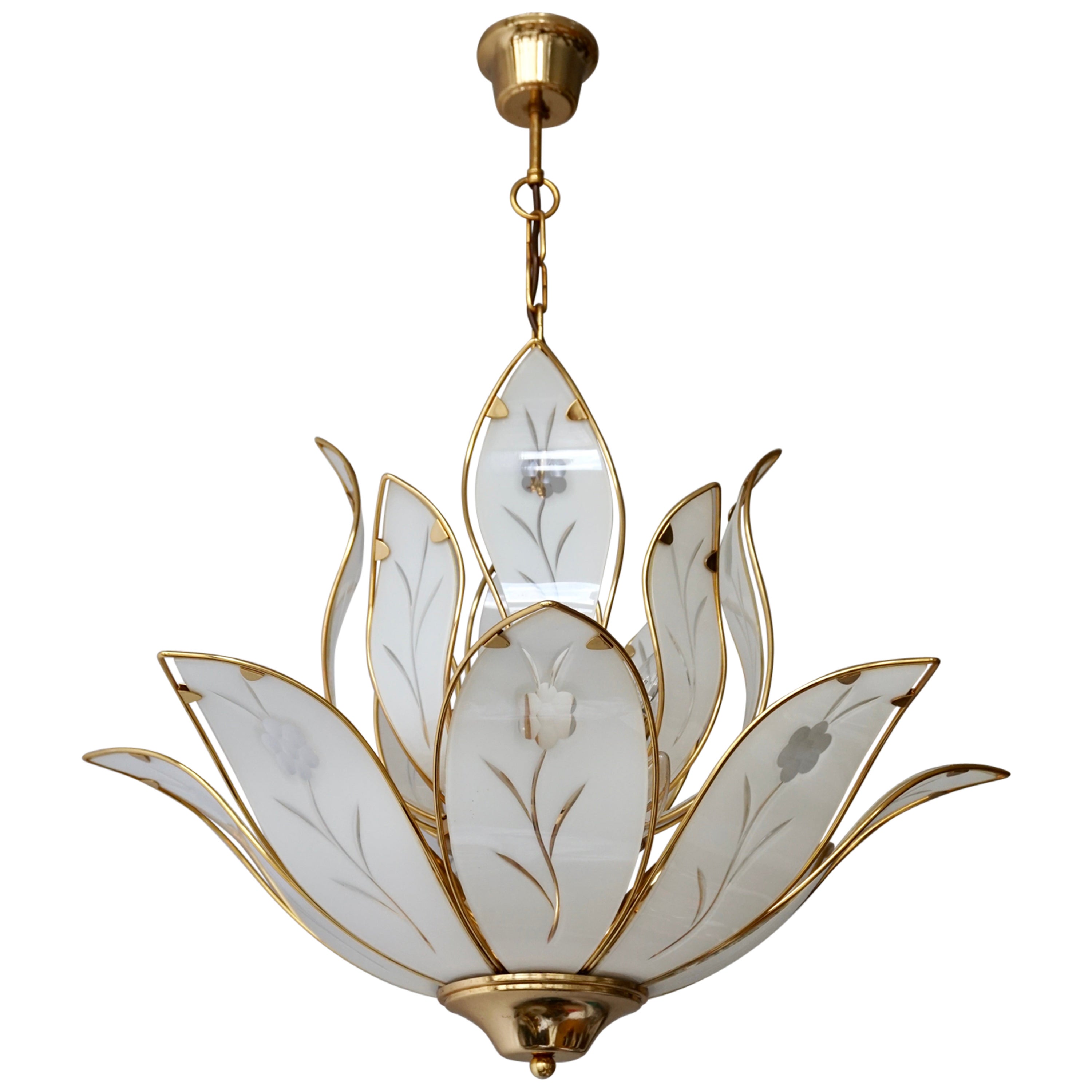 Two Lotus Chandeliers in Brass and White Murano Glass in Franco Luce Style For Sale