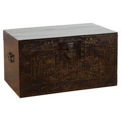 Chinese Early 20th Century Black and Gold Blanket Chest with Court Scenes