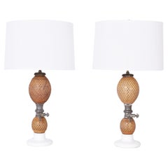 Pair of Antique French Wicker and Glass Seltzer Bottle Table Lamps
