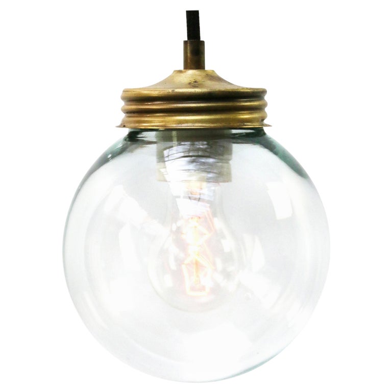 Clear Glass Vintage Industrial Brass Pendant Lights For Sale