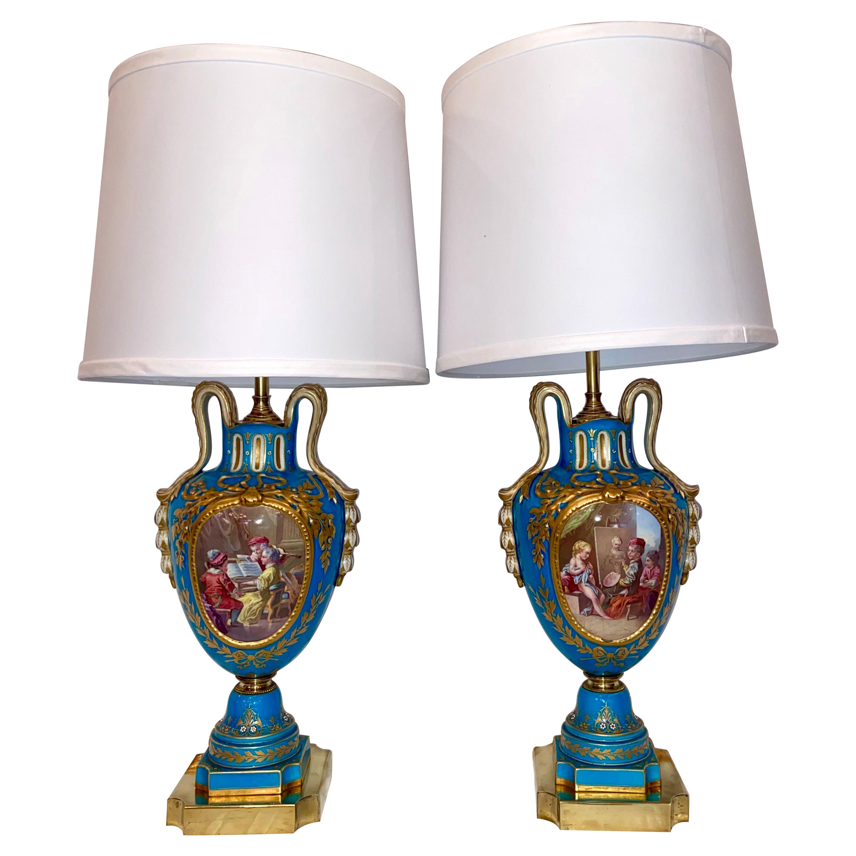 Paire de lampes françaises anciennes en porcelaine « Vieux Paris », bleu cyan et or, vers 1880