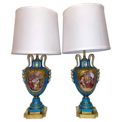 Pair Antique French Cyan Blue and Gold "Vieux Paris" Porcelain Lamps, Circa 1880