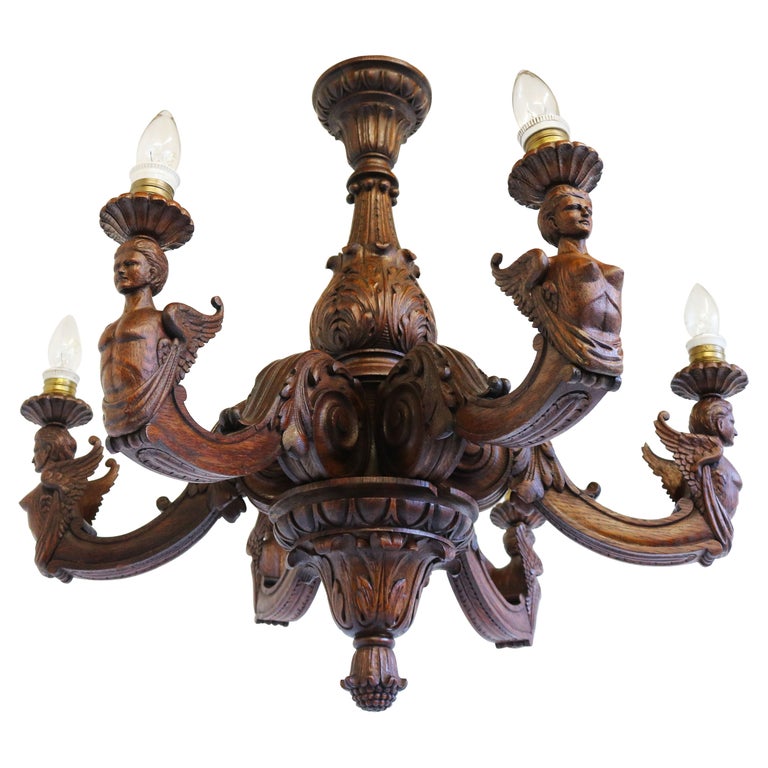 Lustre Empire ancien en bois sculpté du 19ème siècle français à 6  éclairages en chêne massif