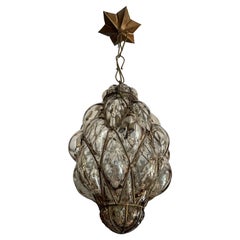 Lampe à suspension/lustre vénitien ancien et rare en verre soufflé à la bouche avec cadre en métal