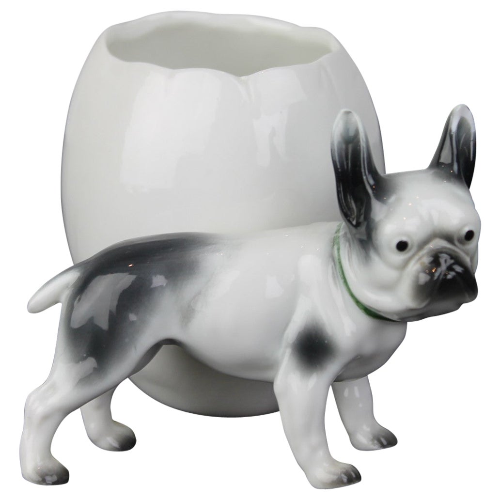 Porcelain French Bulldog Sculpture with Storage Pot or Planter For Sale