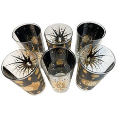 Vintage Fred Press "Eclipse" Highball Glasses in Black Enamel and 22 Karat Gold