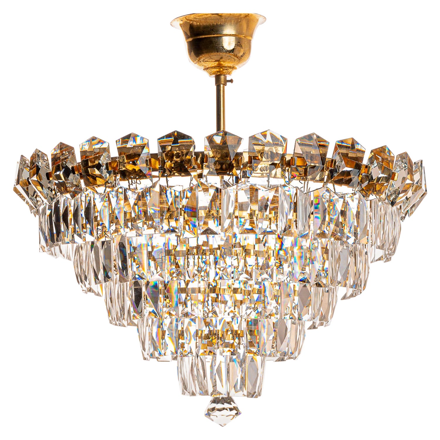 1950's Glass & Brass Plated Steel Chandelier Attributed to Palwa
