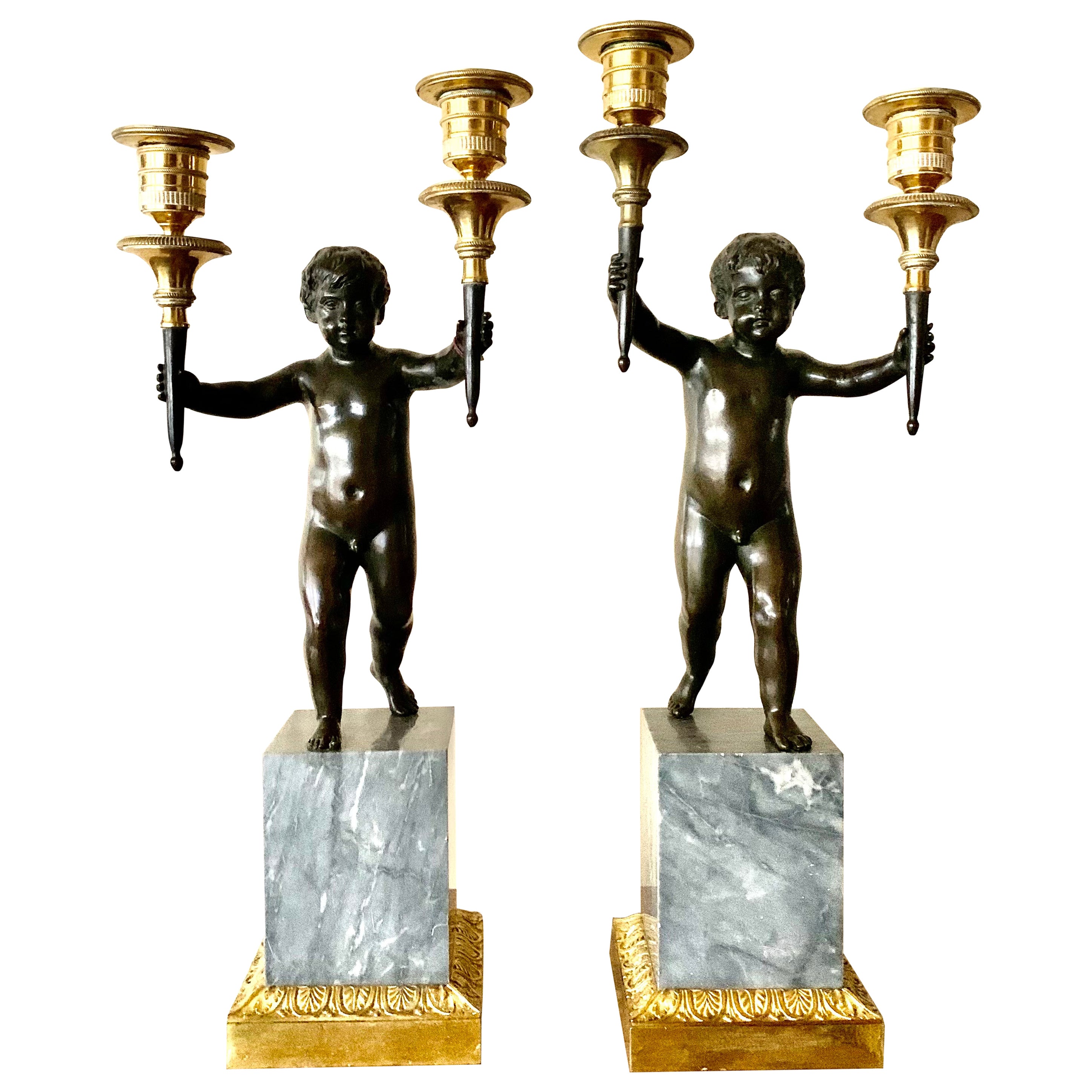 18th Century Neoclassical Dore and Patinated Bronze Two Light Putti Candelabra For Sale