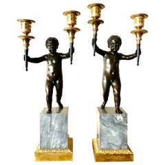 18th Century Neoclassical Dore and Patinated Bronze Two Light Putti Candelabra