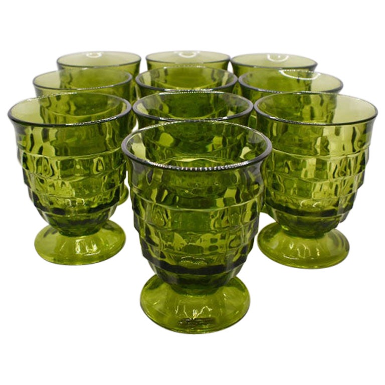 Mid Century Green Drinking Glasses, Set of 10