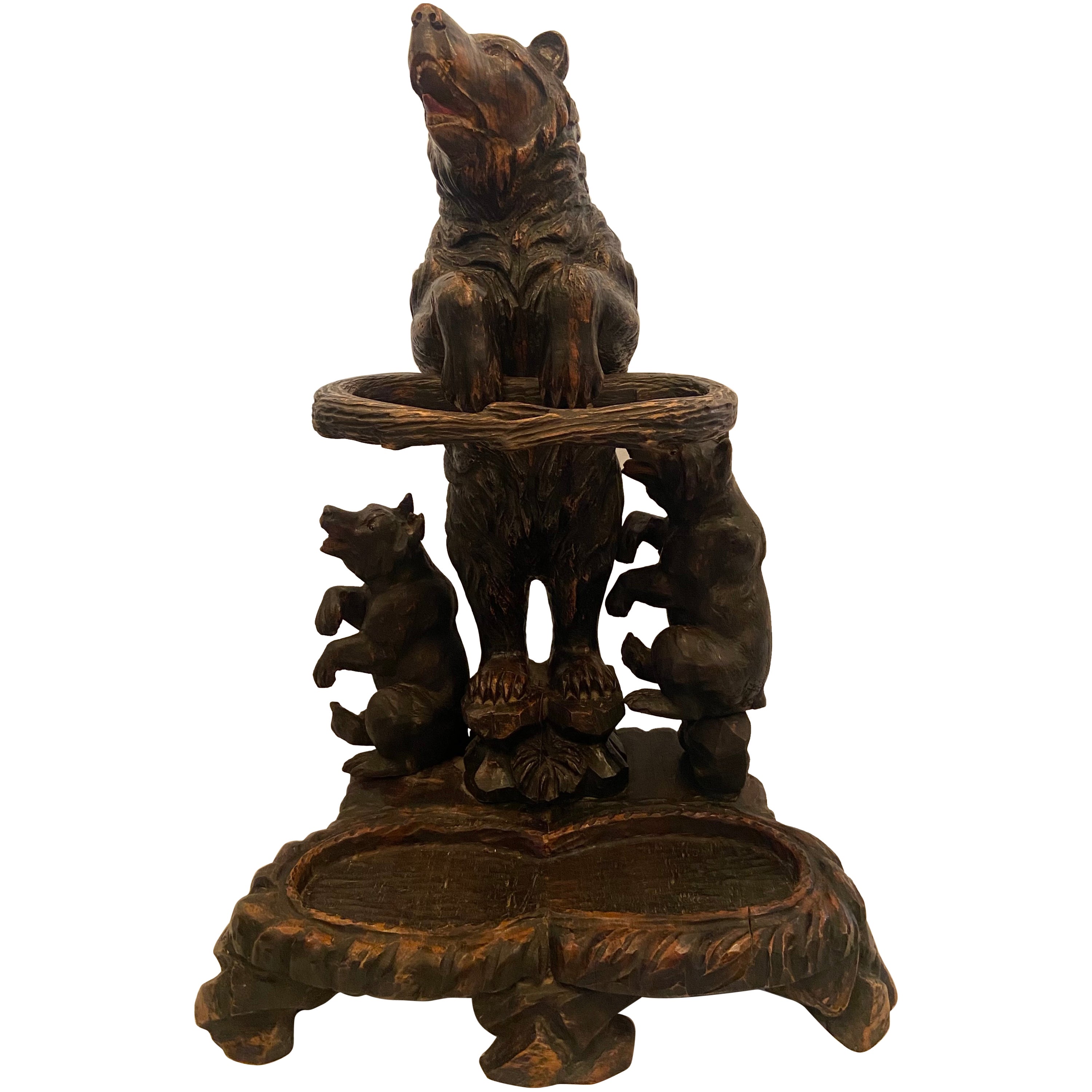 Antique German Hand-Carved Black Forest Wood Bear & Cubs Umbrella Stand Ca 1890 For Sale