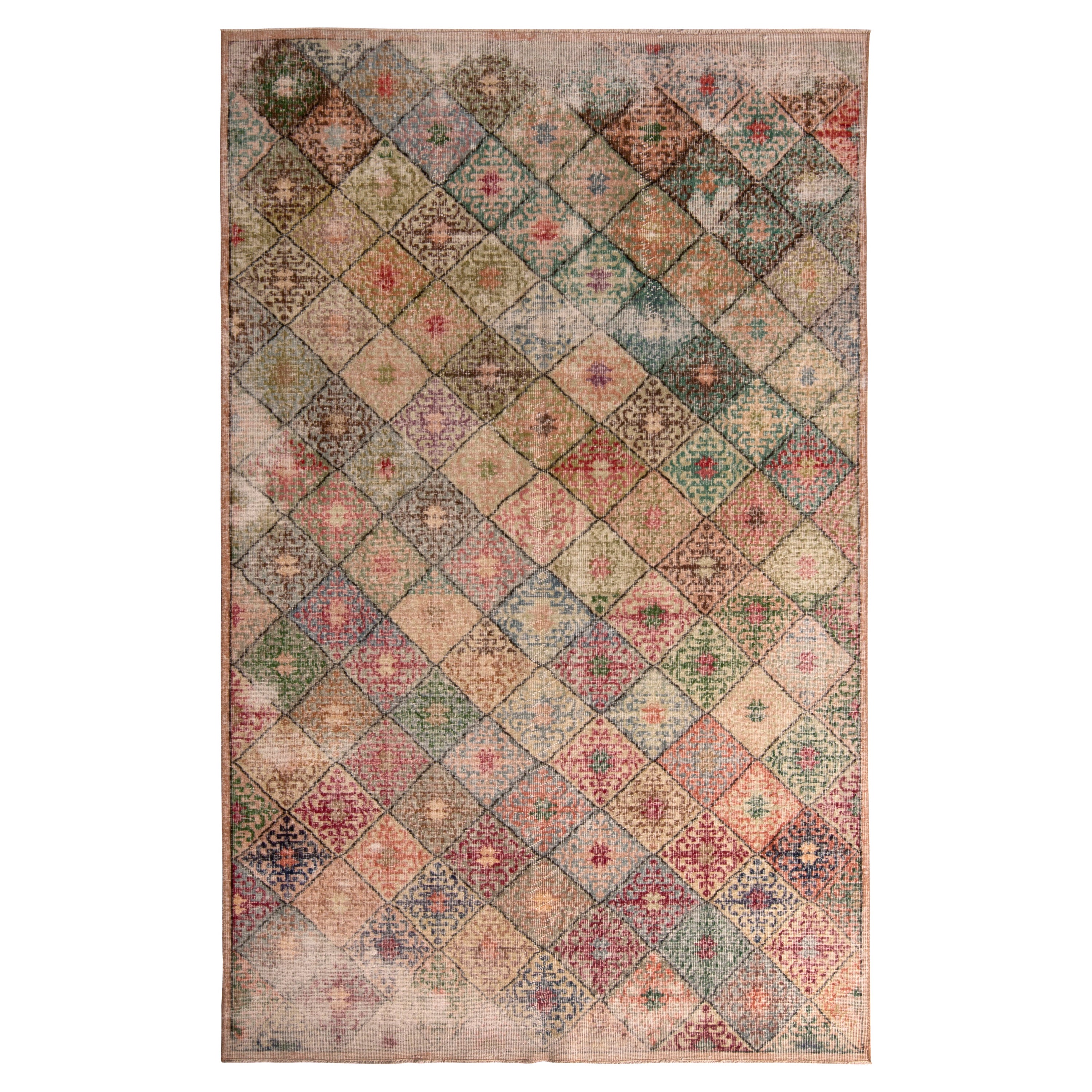 Mehrfarbiger Art-déco-Teppich aus Wolle im Used-Look von Teppich & Kelim, Mid-century, 1960er Jahre im Angebot