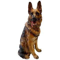 Antique Estate Hand-Painted Terracotta German Shepherd Statue, Circa 1900-1920