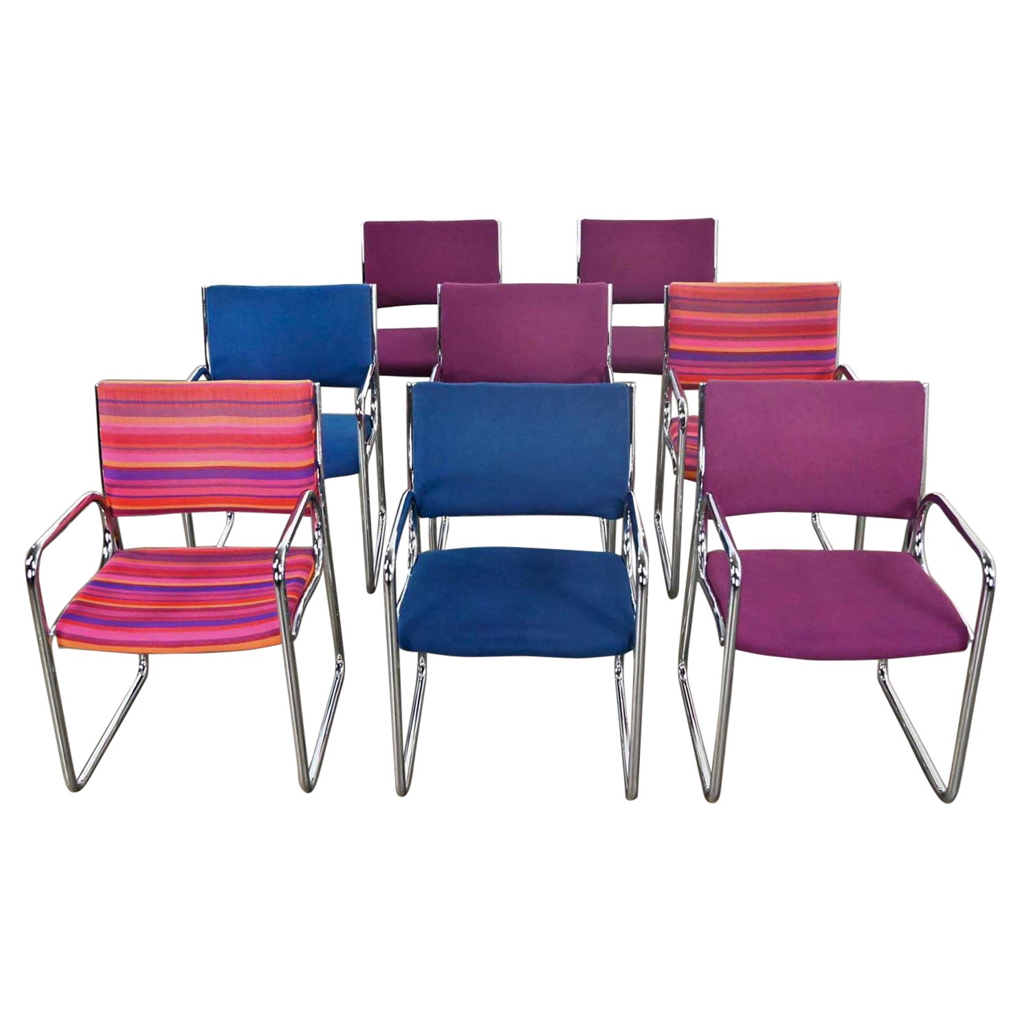 Modern Vecta Chrome Armchairs 4 Purple 2 Blue 2 Multicolored Stripe Set of 8 For Sale