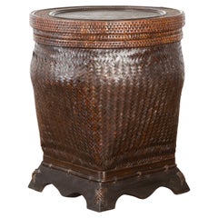 Chinese Retro Hand-Stitched Rattan Basket with Round Top and Dark Patina