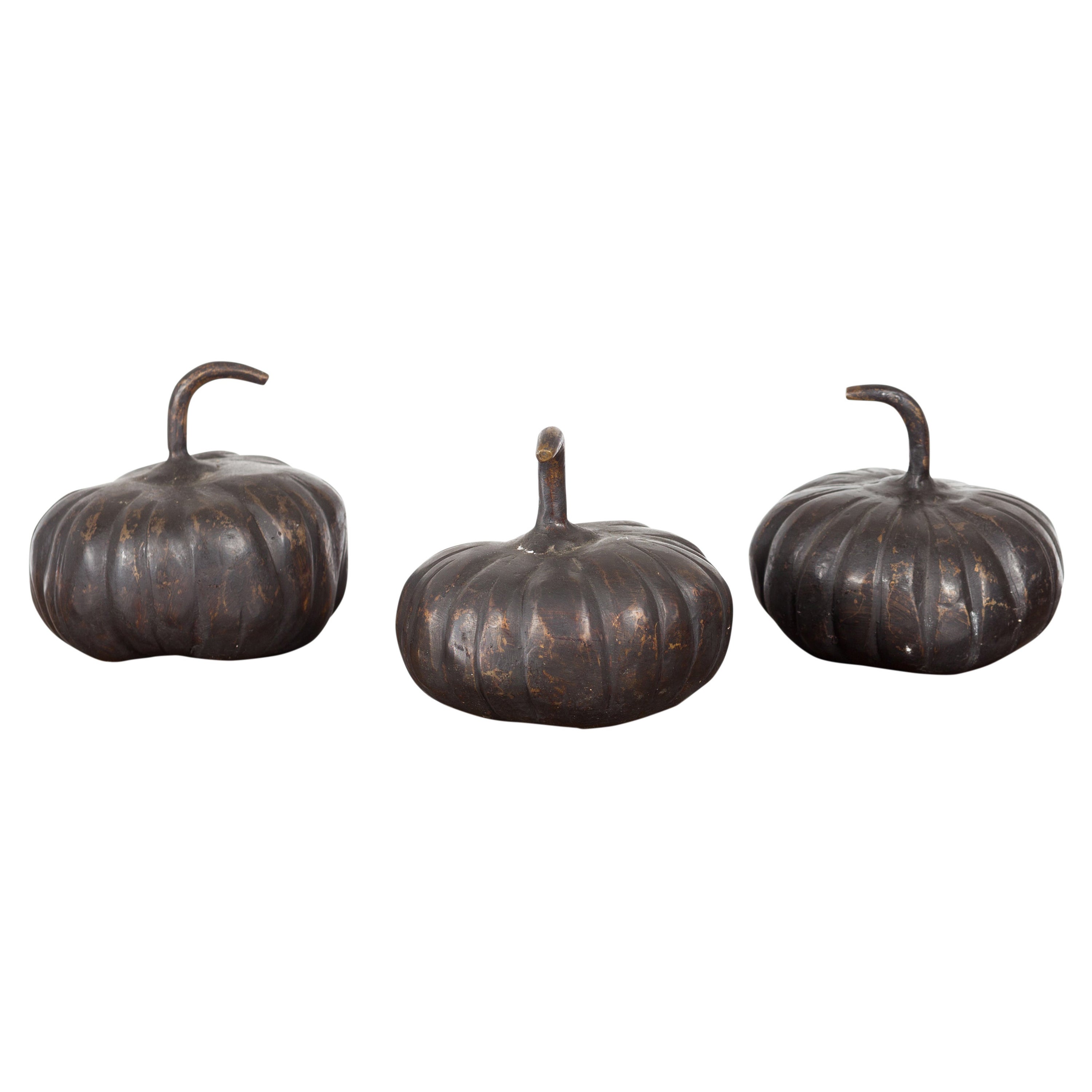 Contemporary Small Lost Wax Bronze Pumpkin Sculpture with Dark Patina, Sold Each For Sale
