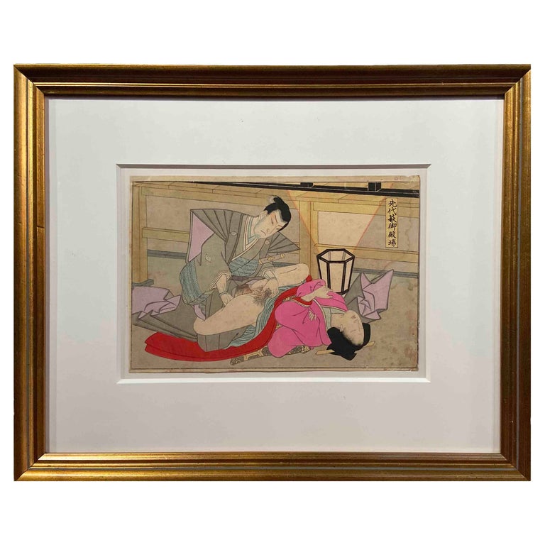 Antique Framed Japanese Shunga Woodblock Print of a Couple Making Love For Sale