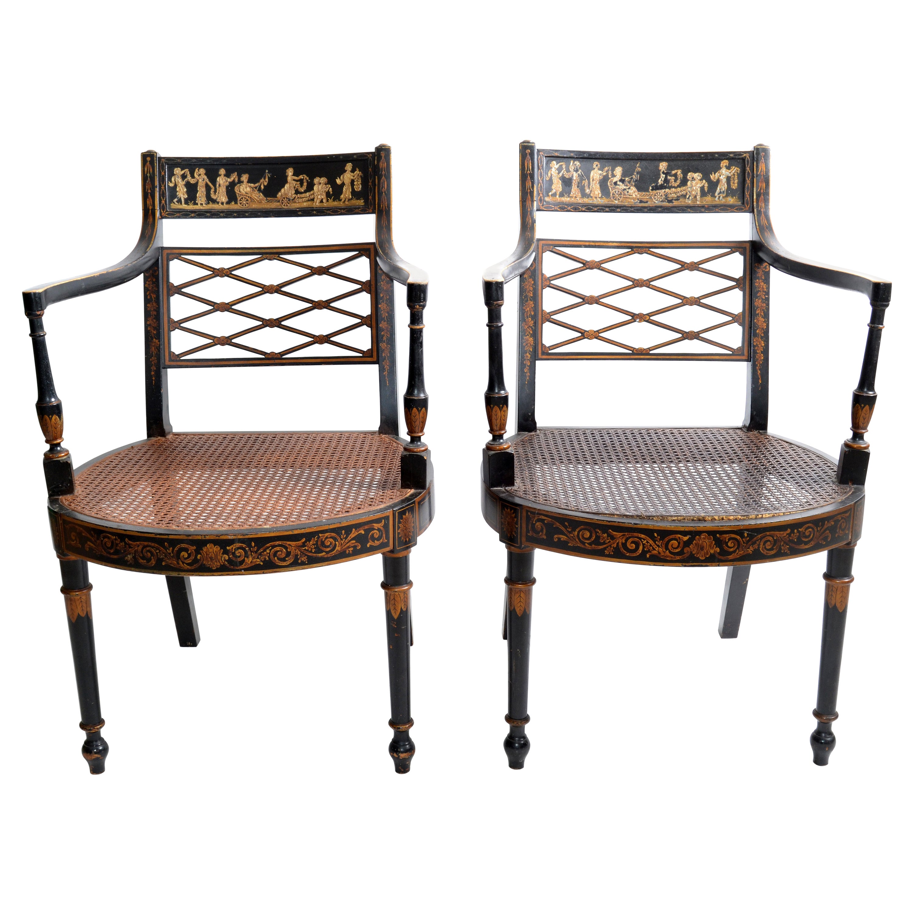 Asian Modern Antique Armchairs Black Lacquered & Gold Finish Cane Seat, Pair