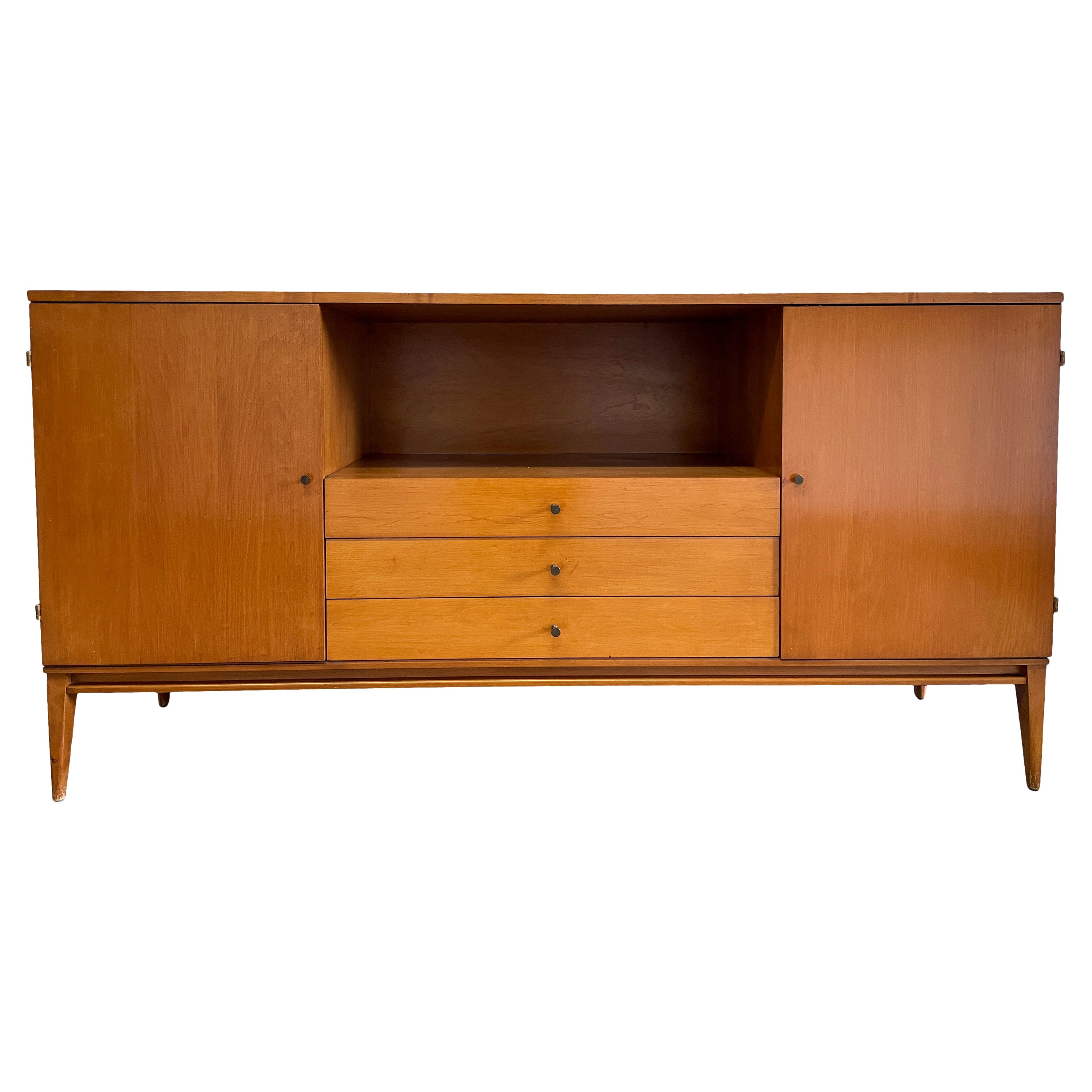 Mid-Century Paul McCobb 3 Schubladen-Schrank-Kommode/Anrichte/Anrichte/Anrichte aus Tabakholz, Ahorn und Messing im Angebot