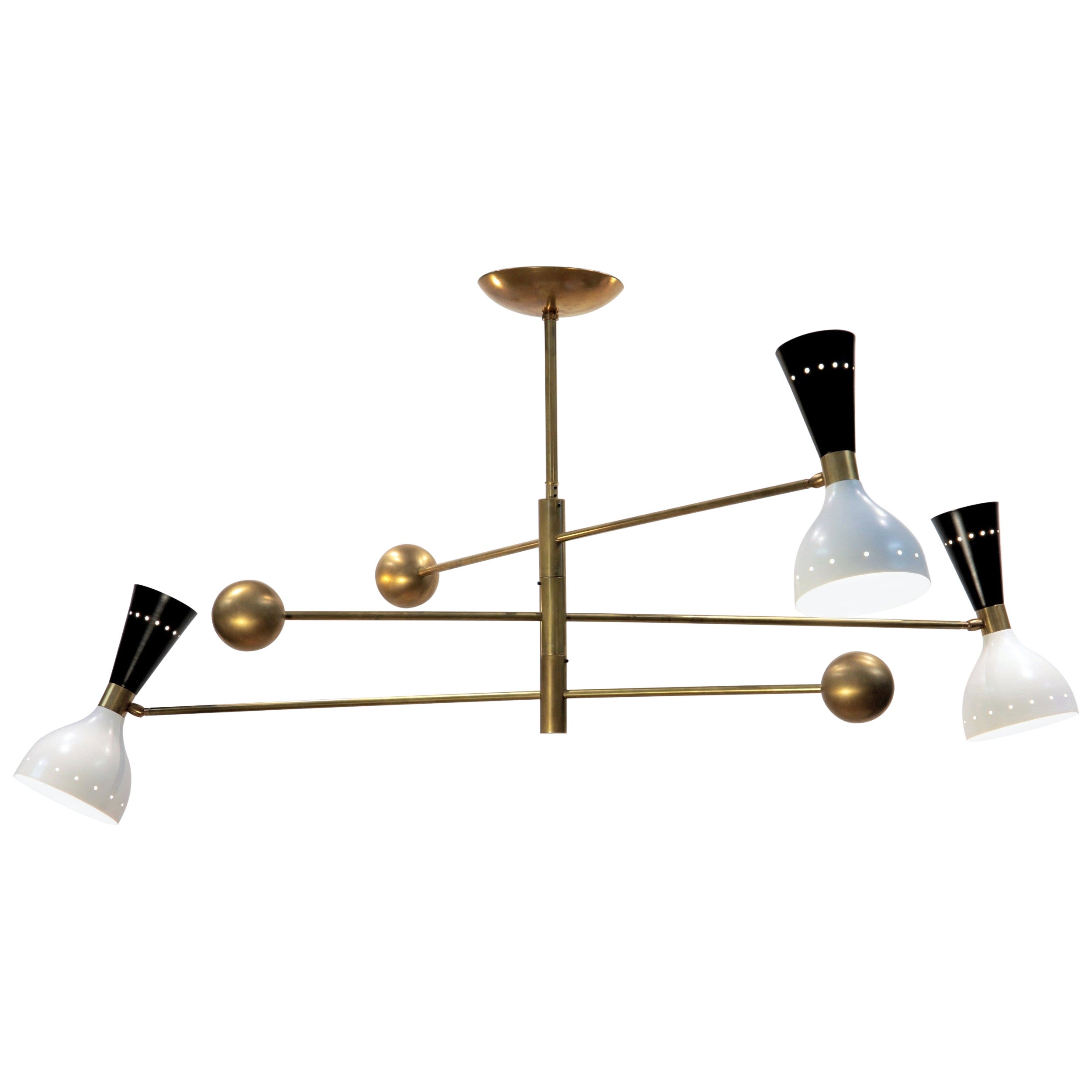 Orbitale Brass Chandelier 3 Rotating Balanced Arms, Ivory Black Twin Shades