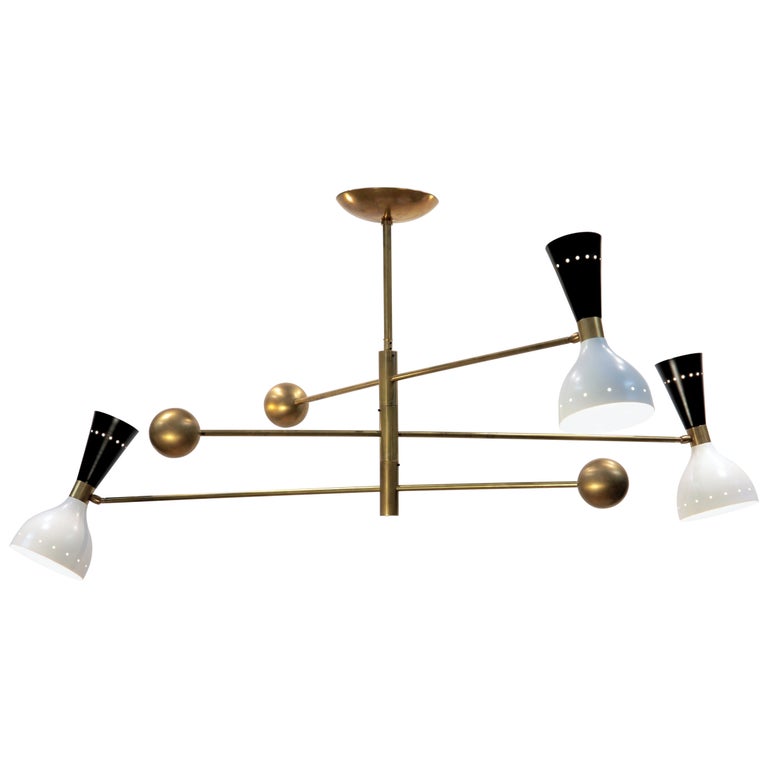 Orbitale Brass Chandelier 3 Rotating Balanced Arms, Ivory Black Twin Shades For Sale