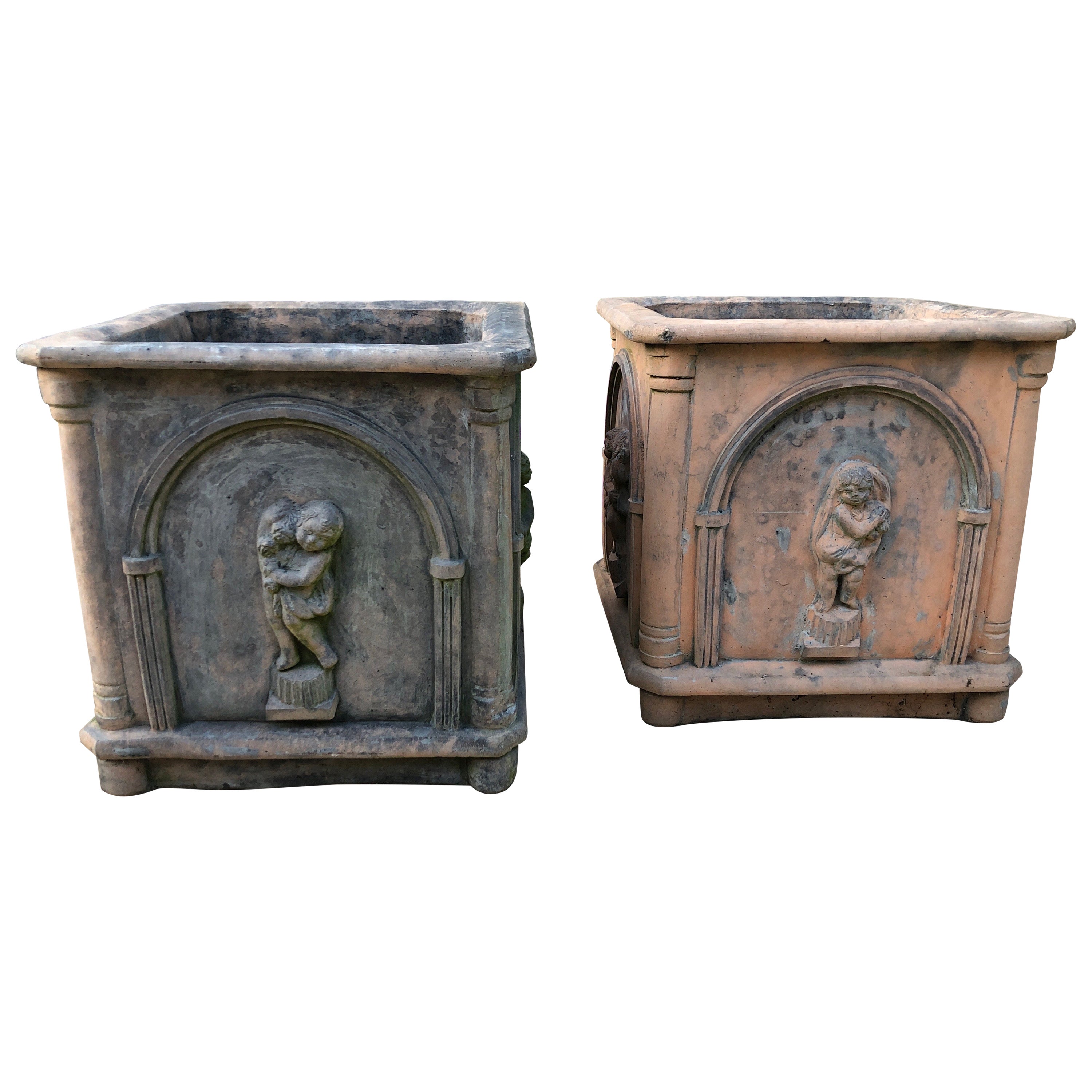 Pair of Antique Heavy Stone French Planters 